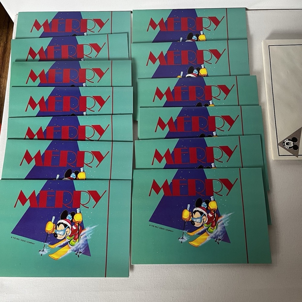 Rare Vintage Mickey Mouse Skiing "Merry" Christmas Cards NOS - Set of 13 - Picture 5 of 11